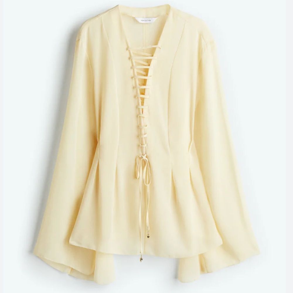 H&M Edition S/S 2025 Lacing-Detail Chiffon Pale Yellow Blouse Lace-Up